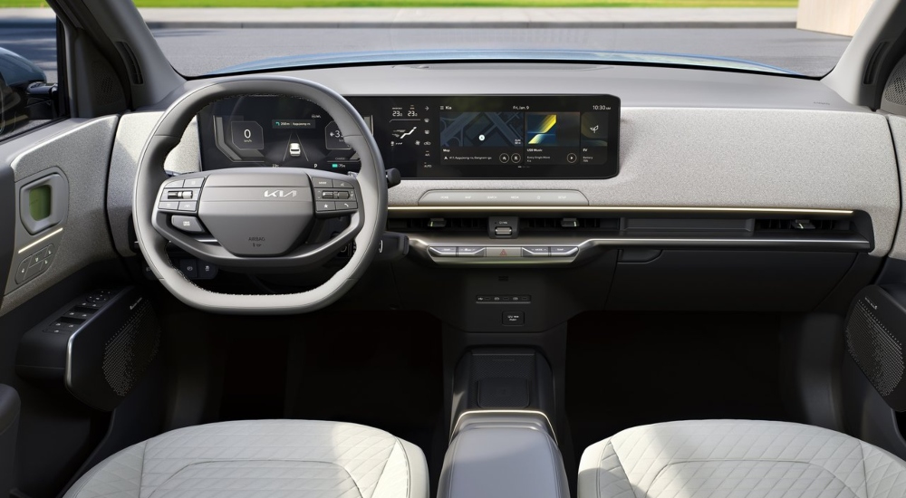 The modern dashboard in The Kia EV2; The Kia EV2 interior