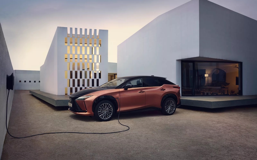 New All-Electric Lexus RZ; Lexus electric car charging.