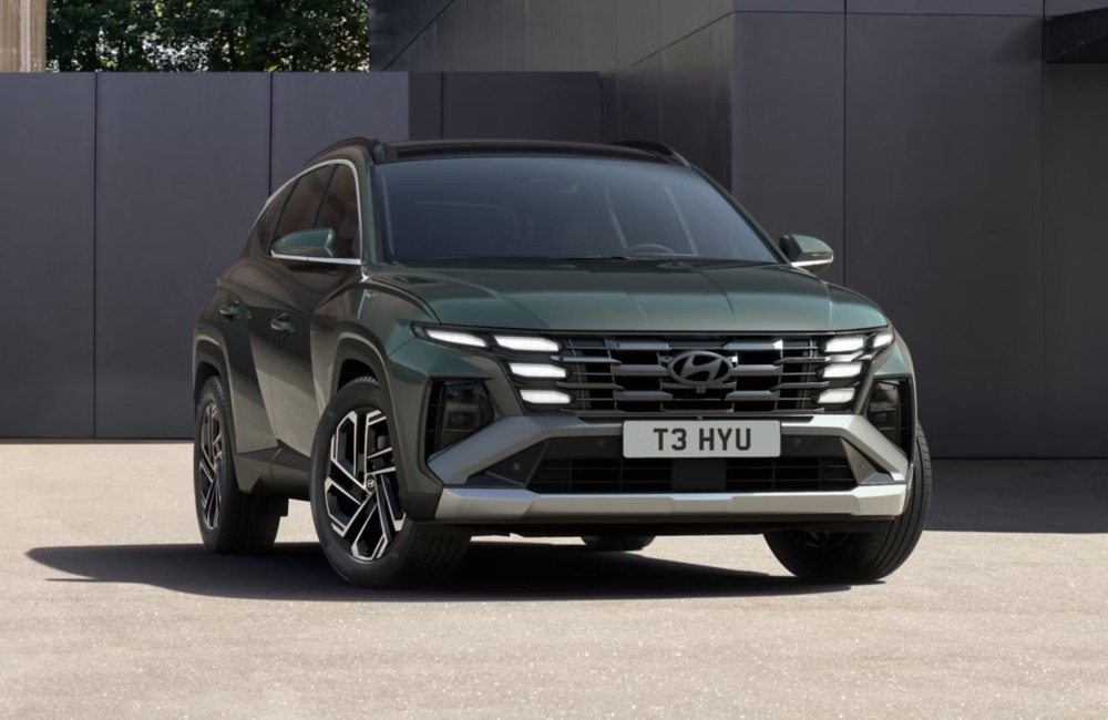 Front view of a new Hyundai TUCSON, showing off the unique grille, LED Lighting, bold stance, and alloy wheels