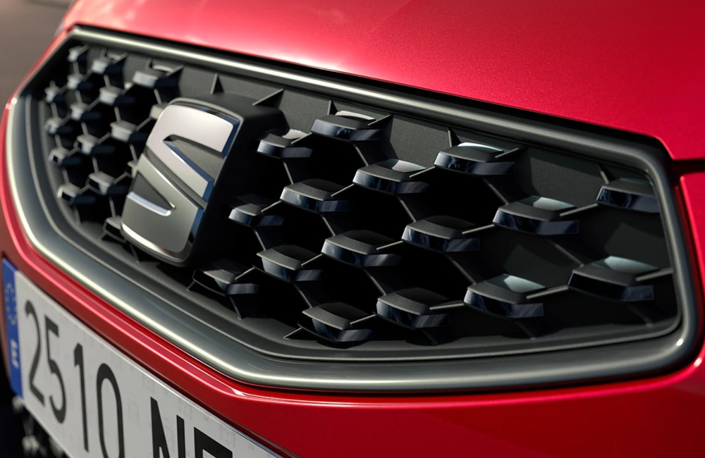 Close up shot of a SEAT Ibiza grille, showing off the unique design and SEAT badging.