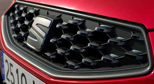 Close up shot of a SEAT Ibiza grille, showing off the unique design and SEAT badging.