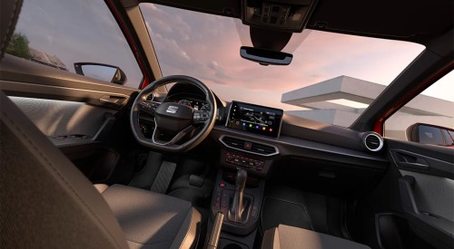 Interior shot of the new SEAT Ibiza, showing off the touchscreen system and drivers cockpit.