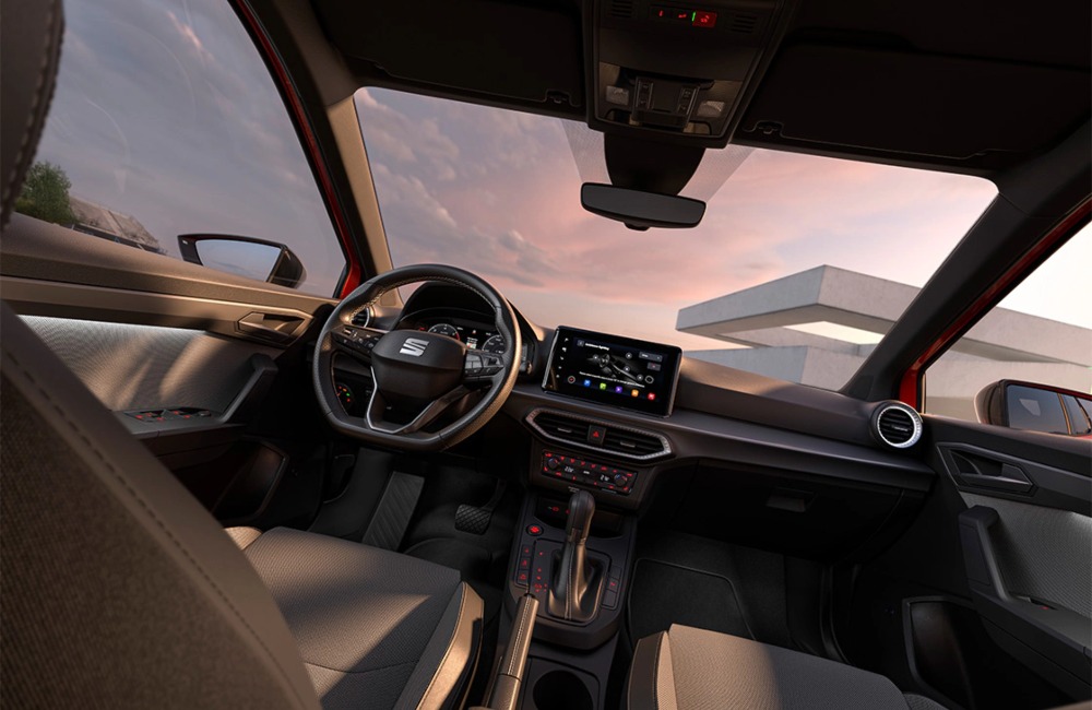 New SEAT Arona interior shot, showing off the central infotainment system and the drivers position.