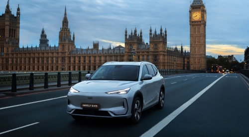 Geely EX5 driving past Big Ben in London at night; Geely EX5 used car safety