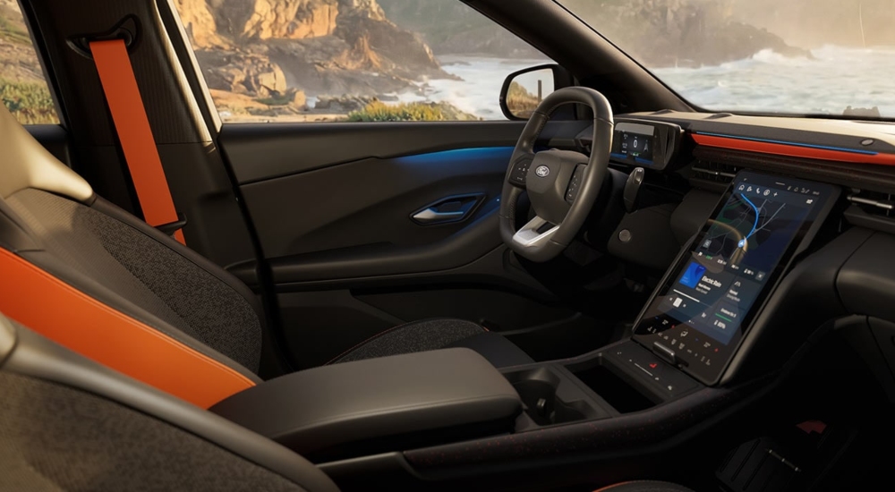Interior of the New Ford Explorer Collection with sport seats and orange accents