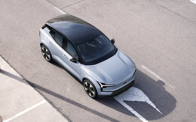Aerial view of a Volvo EX30 on the road; Used Volvo EX30 safety