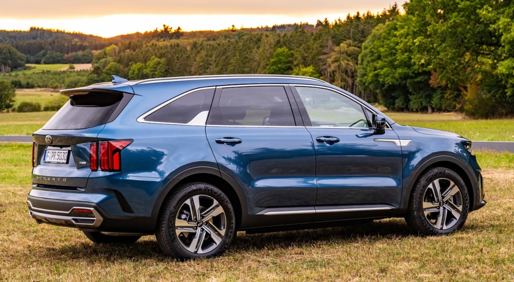 The rear view of a blue Kia Sorento on a field; Used Kia Sorento cars for sale