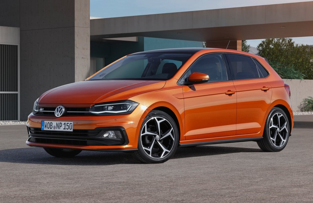 Angled front shot of a VW Polo, showing off the alloy wheels and unique design details.