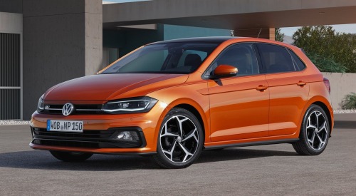 Angled front shot of a VW Polo, showing off the alloy wheels and unique design details.