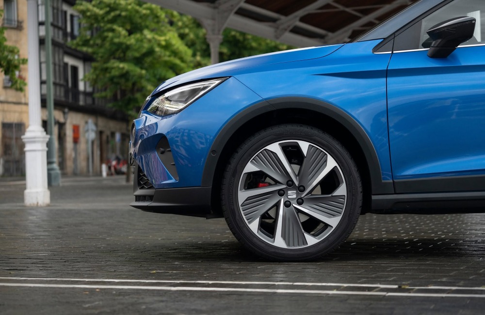Close up shot of a used SEAT car, with a focus on the alloy wheel and unique design.
