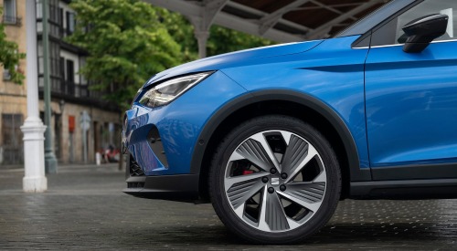 Close up shot of a used SEAT car, with a focus on the alloy wheel and unique design.