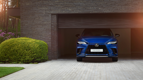 Front view of the new Lexus RX 500h in a garage