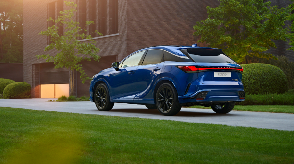 Rear view of the new Lexus RX 500h in a garden