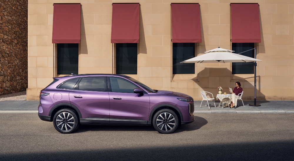 The LEPAS in Mystic Purple parked on a street with a person sat at the side; New LEPAS for sale