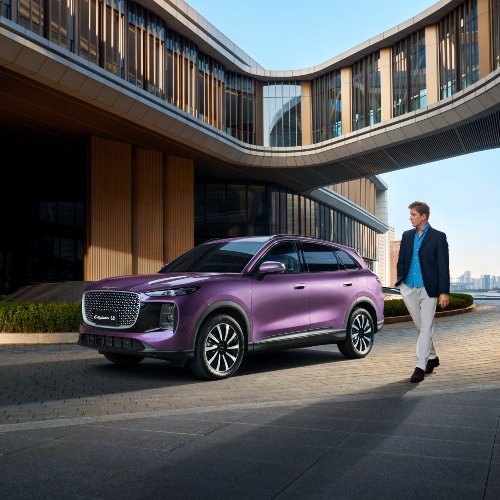 A person walking along side a parked LEPAS L8 in Mystic Purple; LEPAS L8 new car