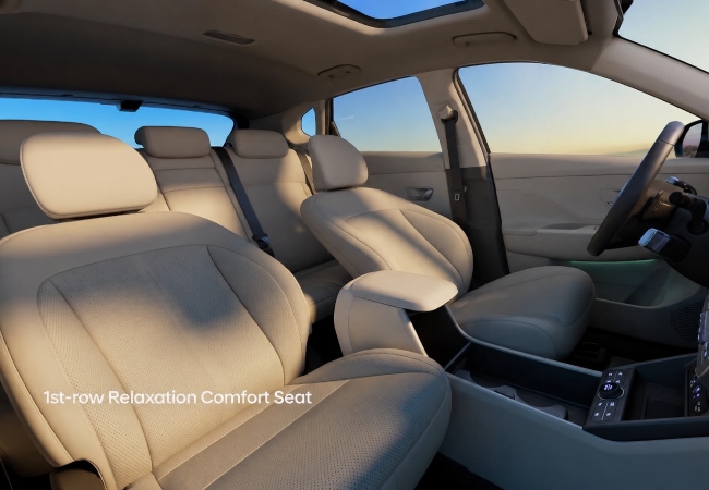 Interior shot of a new Hyundai KONA Electric, showing off the comfortable and adjustable seating.