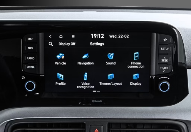 Close up shot of a new Hyundai i10 infotainment system.