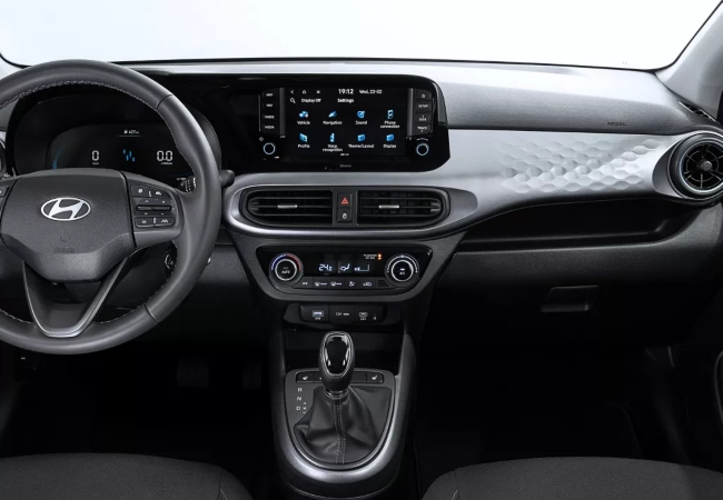 Interior shot of  a new Hyundai i10 dashboard.