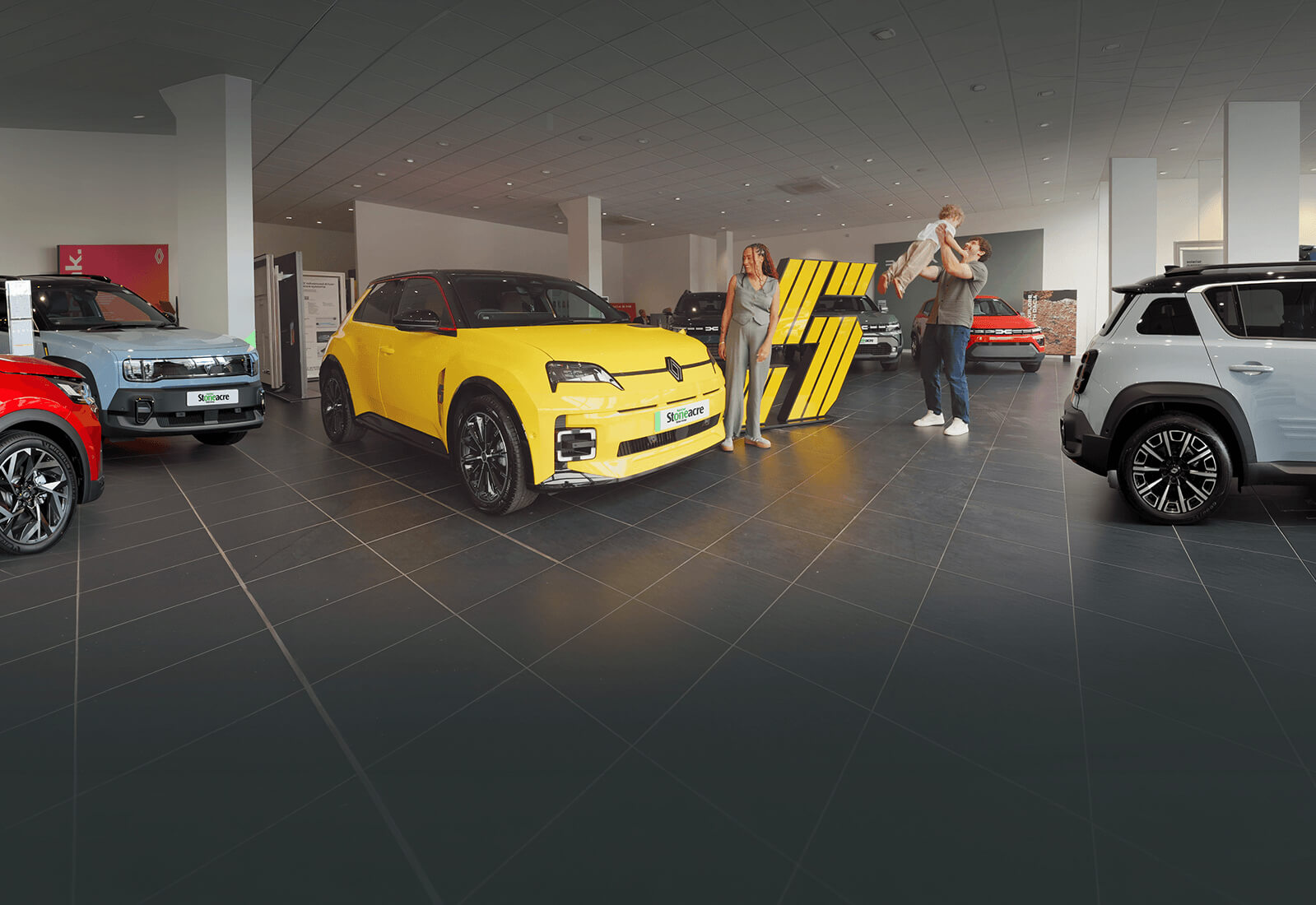 Stoneacre homepage banner featuring cars in a showroom from Renault and Dacia