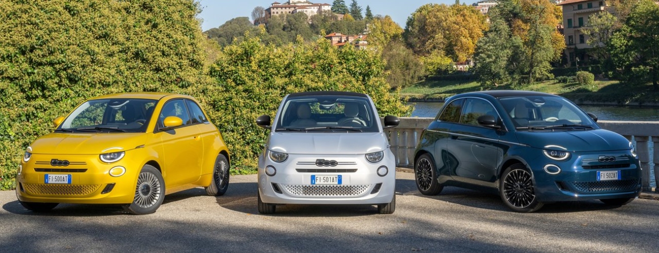 The New Fiat 500 Hybrid range in various colours; New Fiat 500 Hybrid for sale