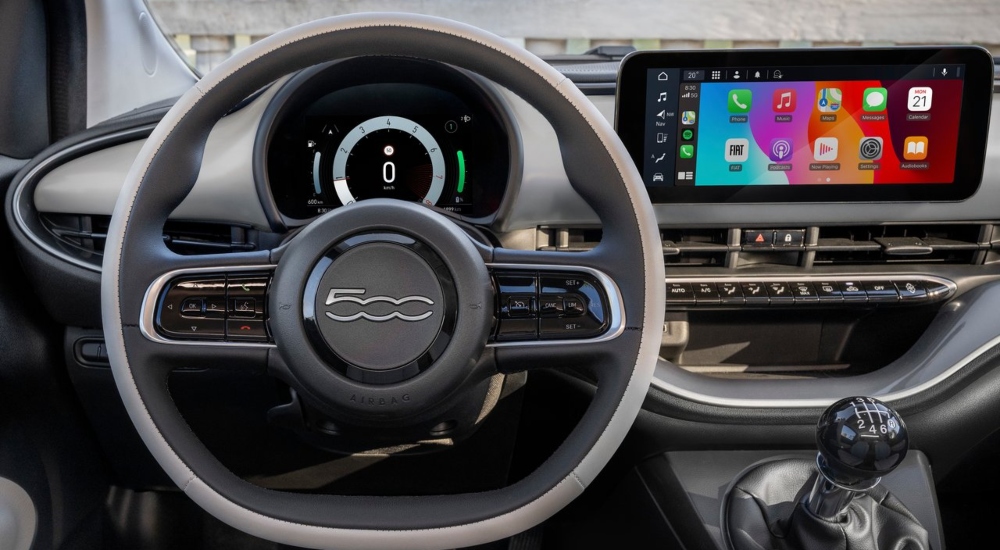 The New Fiat 500 steering wheel and central screen; Fiat New 500 Hybrid