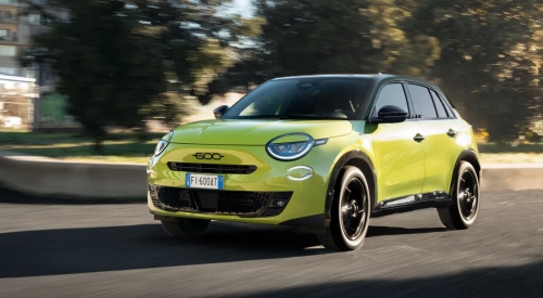 A Fiat 600 Hybrid Sport driving on a road; New Fiat 600 Hybrid Sport