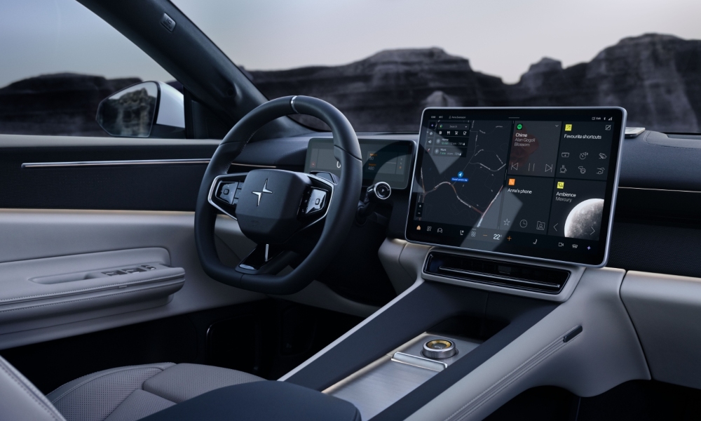 New Polestar 4 SUV interior with steering wheel and centre display