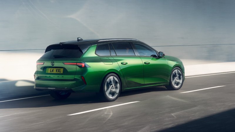 The new Vauxhall Astra Sports Tourer Electric from the back and side