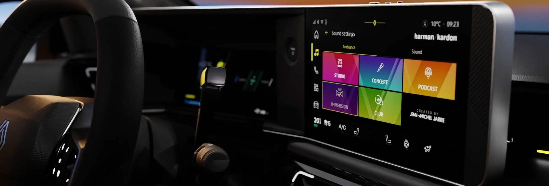 Close up shot of a Renault 5 infotainment system and driving position, showing off the different options and stylish design.