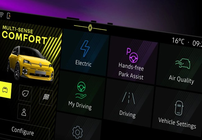 Close up shot of the Renault 5 options within the infotainment system.
