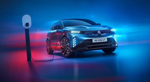 Front shot of a Renault 5 Megane E-Tech Electric charging.