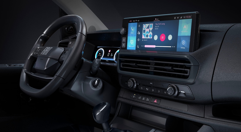 Fiat E-Scudo dashboard showing the digital display; New Fiat E-Scudo inside