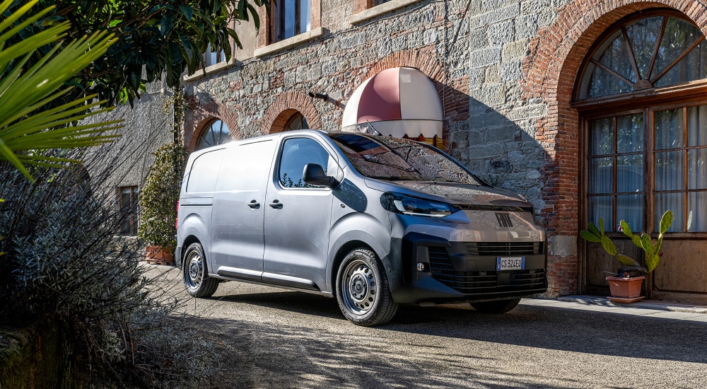 Fiat E-Scudo parked on a gravel drive; New Fiat E-Scudo models