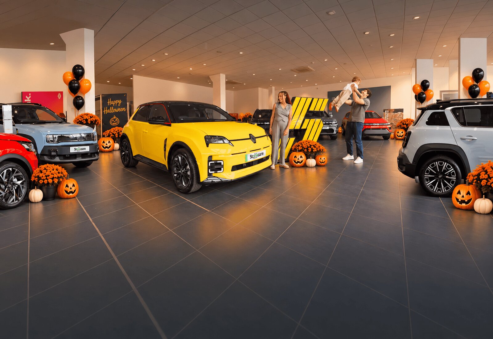 Stoneacre halloween homepage banner featuring cars in a showroom from Renault and Dacia