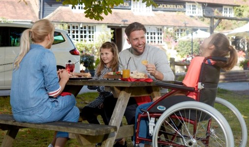 Motability new vehicle payment; family outside eating