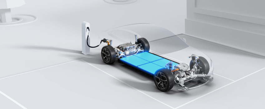 A mockup of an EV platform charging; EV drivetrain image