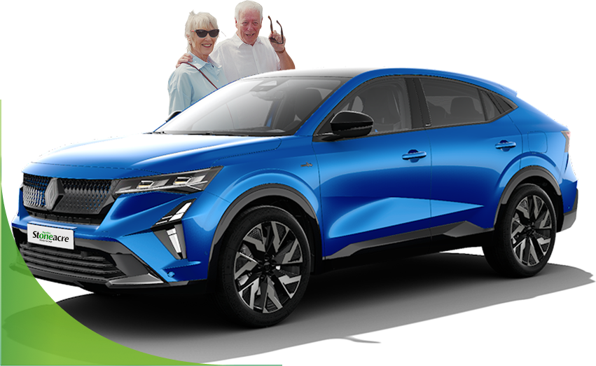 An older couple look over a blue Renault Rafale; Joint application for bad credit image.
