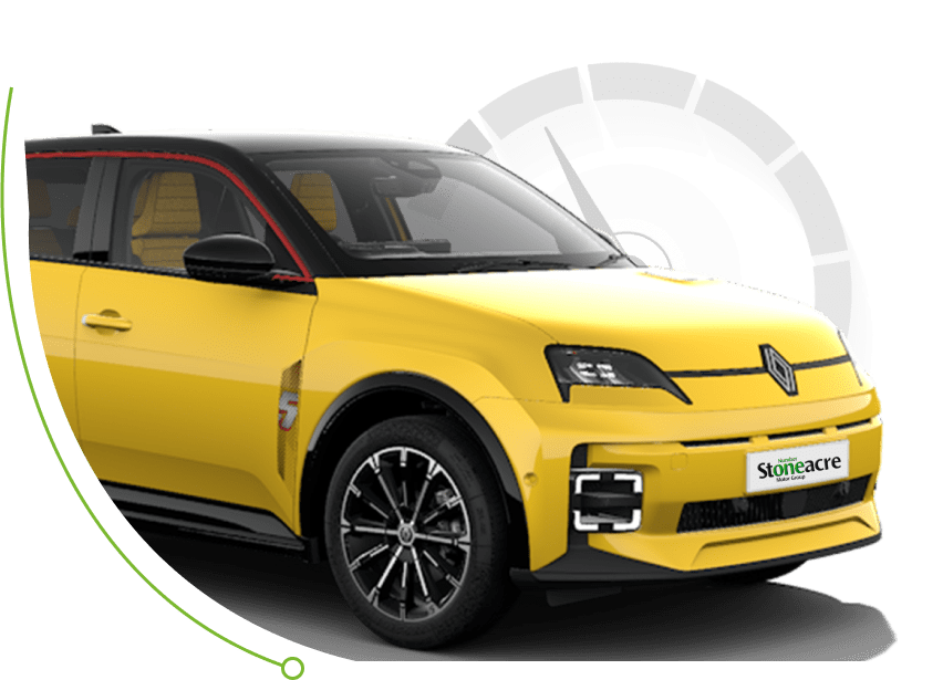Yellow Renault 5 EV; Bad credit car finance credit score image.