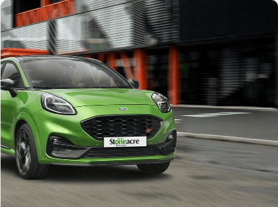 Green Ford Puma ST; 0% car finance image.