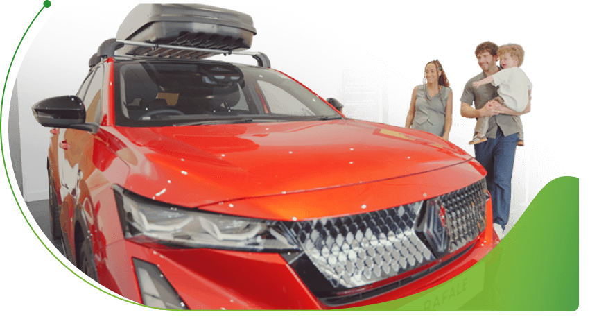 A family stands by a red Renault; Car Finance on Benefits image