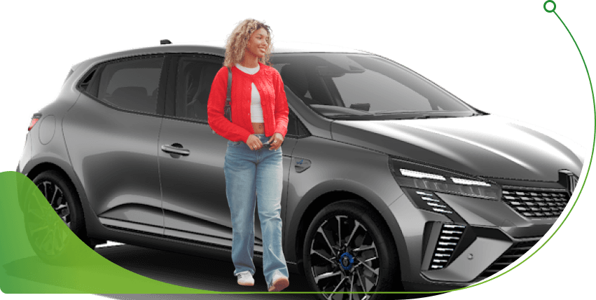 A woman stands in front of a grey Renault Clio; Car finance for people on benefits with bad credit image