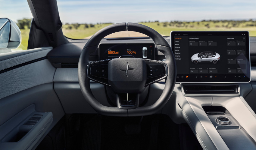 Polestar 4 dashboard from the driver's POV; EV instruments image