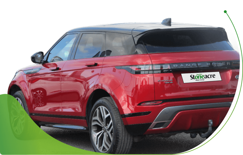 The rear 3/4 view of a red Range Rover Evoque; Stoneacre's HP Finance Calculator image