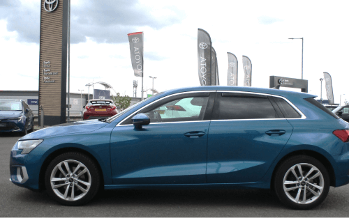 A side view of a blue Audi A3; What is the difference between Hire Purchase and Conditional Sale finance image