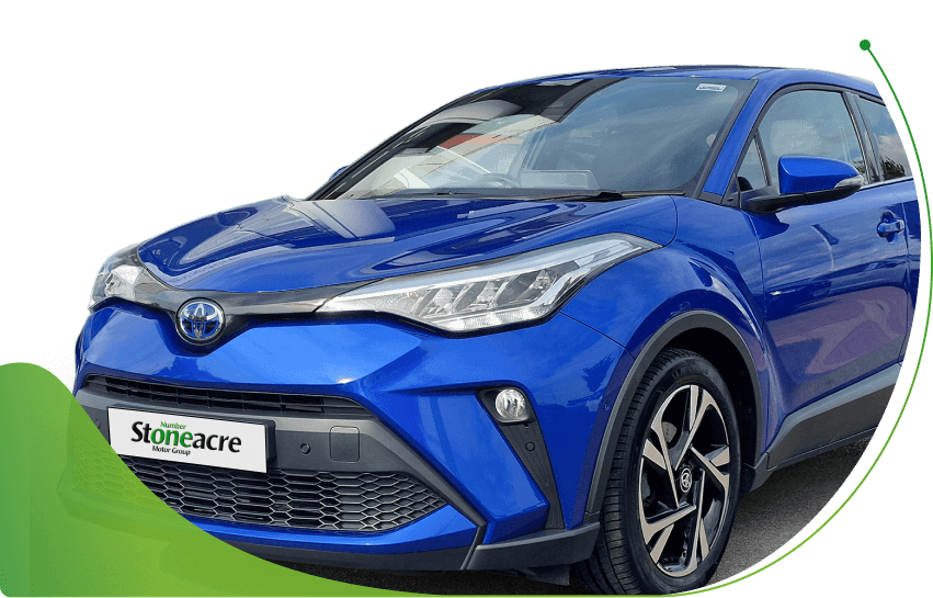 The front profile of a blue Toyota C-HR; Black Box Car Finance Lenders image