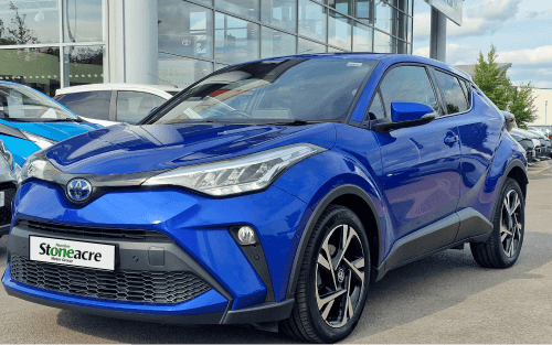 The front profile of a blue Toyota C-HR; Black Box Car Finance Lenders image