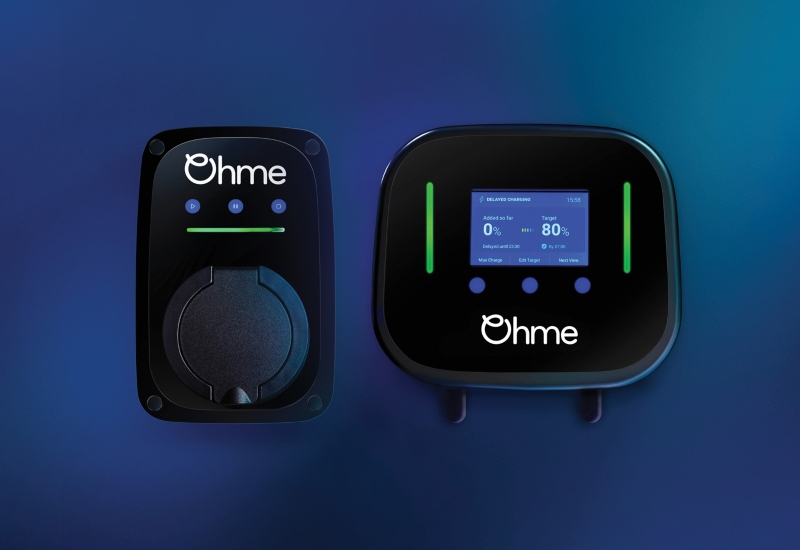 Ohme ePod and Ohme Home Pro electric vehicle chargers displayed on a blue background.