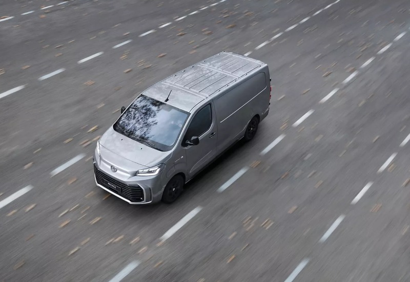 The new Toyota Proace Electric van in silver, showcasing a modern front design and versatile panel van styling.