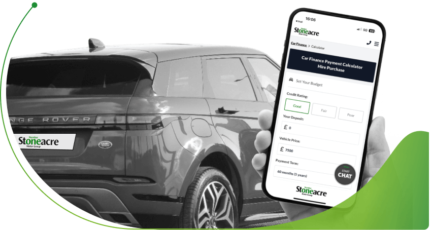 A Range Rover Evoque and a phone showing a calculator; How does our HP car finance calculator work image