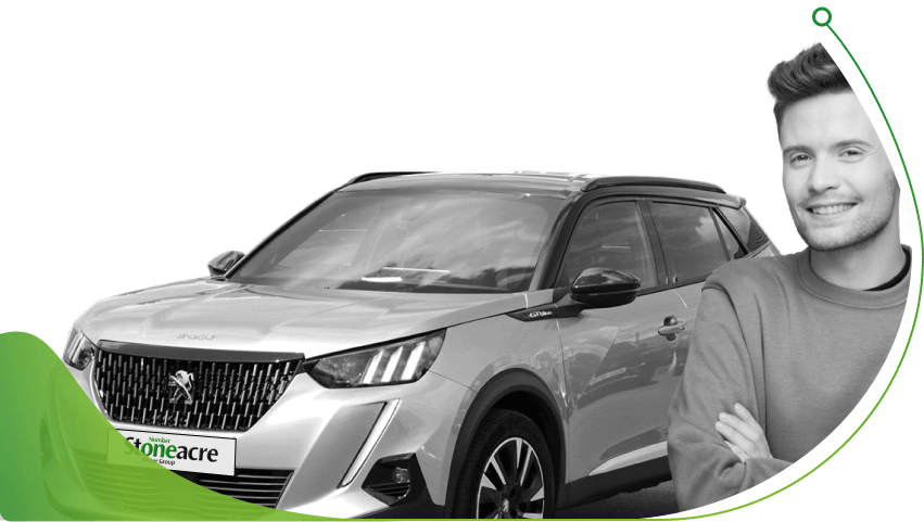 A Peugeot 2008 and a man smiling; How to calculate affordability for car finance image